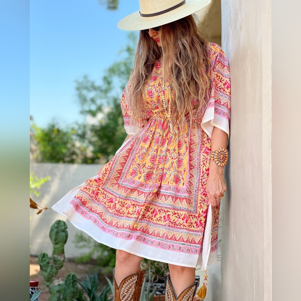 PAX PHILOMENA Sedona Midi Dress Kaftan As Seen In Southern Living Cotton OS